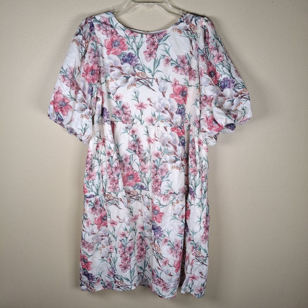 Polagram Women's Large Midi Dress Lavender Floral Farmhouse Cottage Puff Sleeve